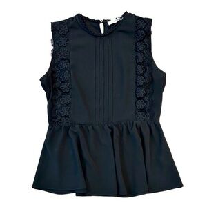 MONTEAU Los Angeles black sleeveless peplum blouse top. Crochet lace detail